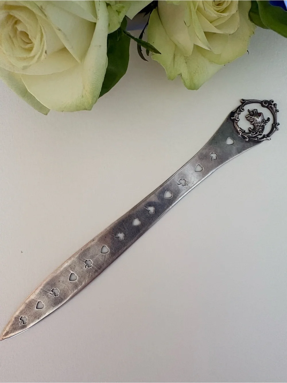 Sterling Letter Opener with Dragon Motif/Cutout Hearts and Clubs